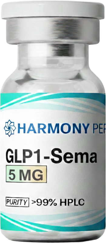 A glass vial labeled 'HARMONY PEPTIDES GLP1-Sema 5 MG' with text indicating a purity of over 99% by HPLC.